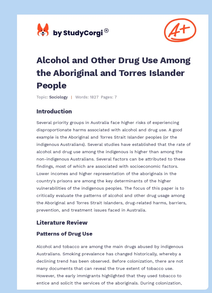 Alcohol and Other Drug Use Among the Aboriginal and Torres Islander People. Page 1