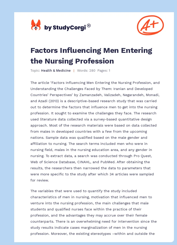 Factors Influencing Men Entering the Nursing Profession. Page 1