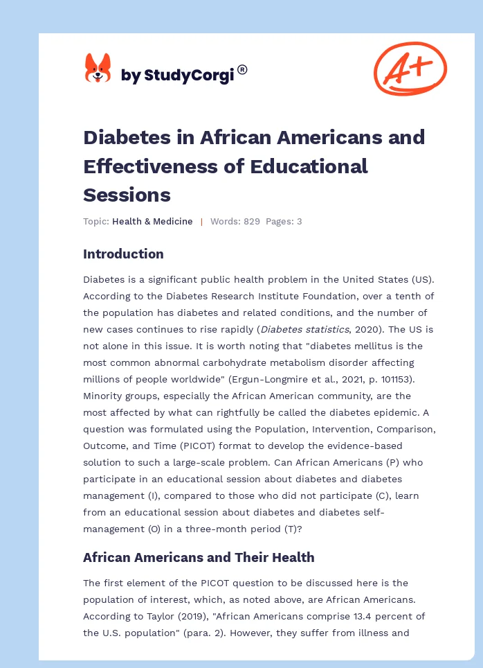 Diabetes in African Americans and Effectiveness of Educational Sessions. Page 1