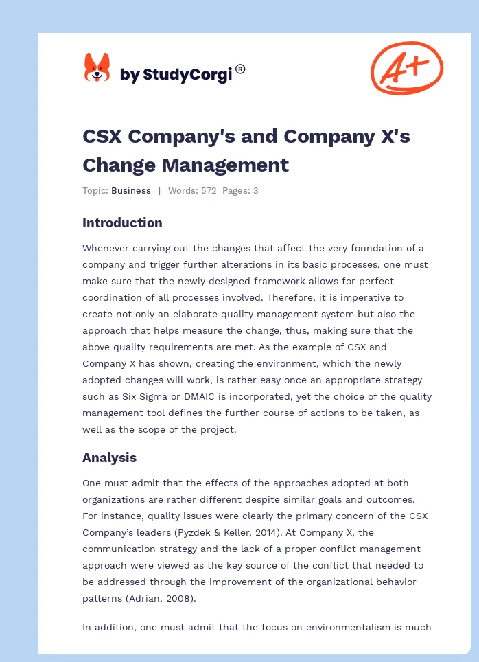 CSX Company's and Company X's Change Management. Page 1