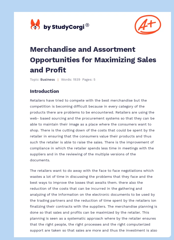 Merchandise and Assortment Opportunities for Maximizing Sales and Profit. Page 1