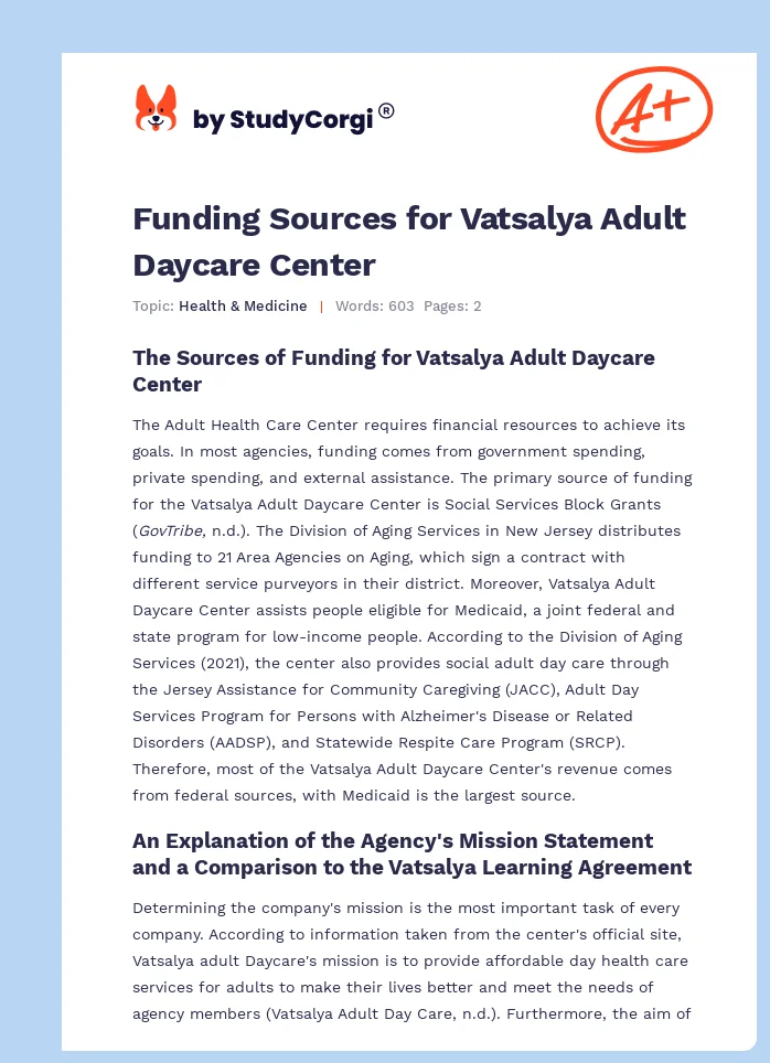 Funding Sources for Vatsalya Adult Daycare Center. Page 1