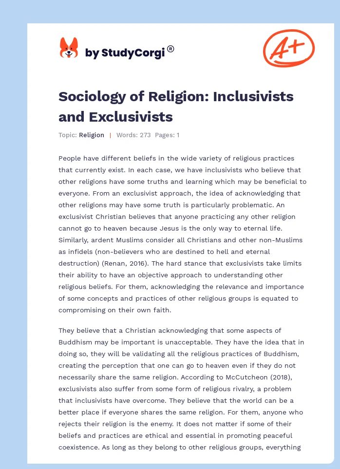 Sociology of Religion: Inclusivists and Exclusivists. Page 1