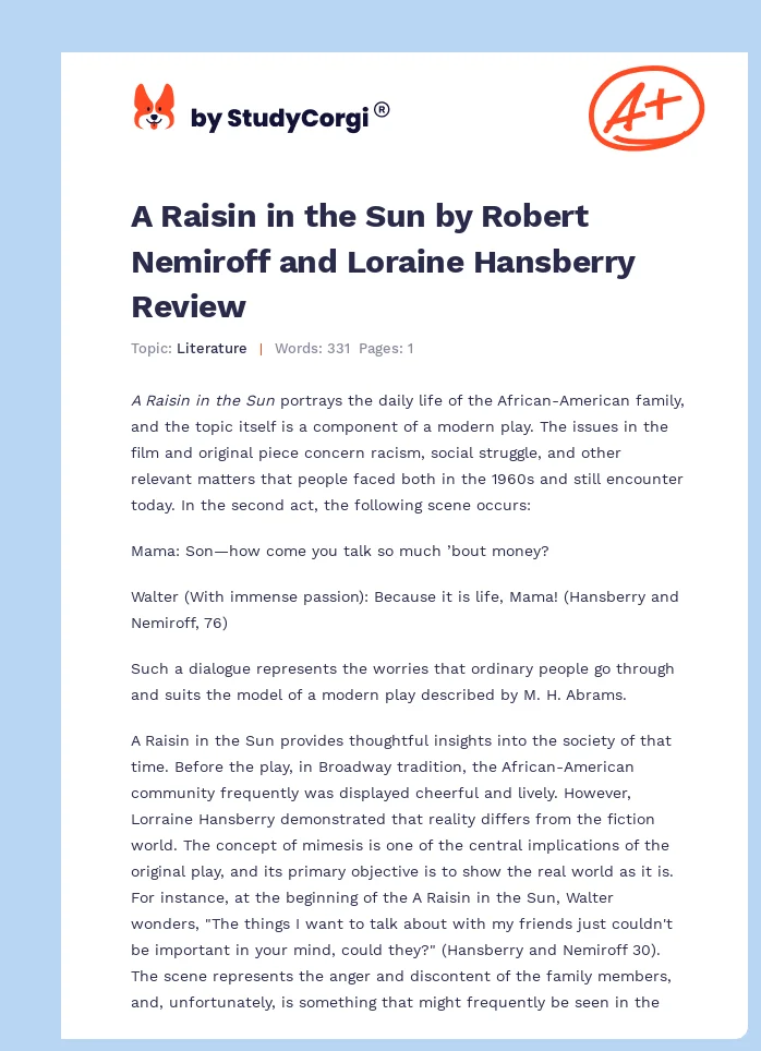 A Raisin in the Sun by Robert Nemiroff and Loraine Hansberry Review. Page 1