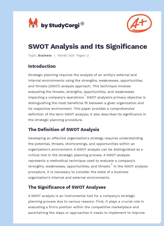 SWOT Analysis and Its Significance. Page 1
