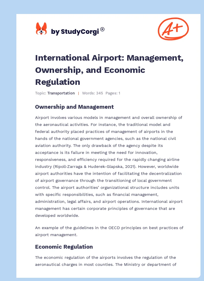 International Airport: Management, Ownership, and Economic Regulation. Page 1