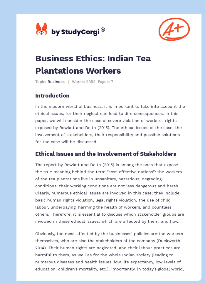 Business Ethics: Indian Tea Plantations Workers. Page 1