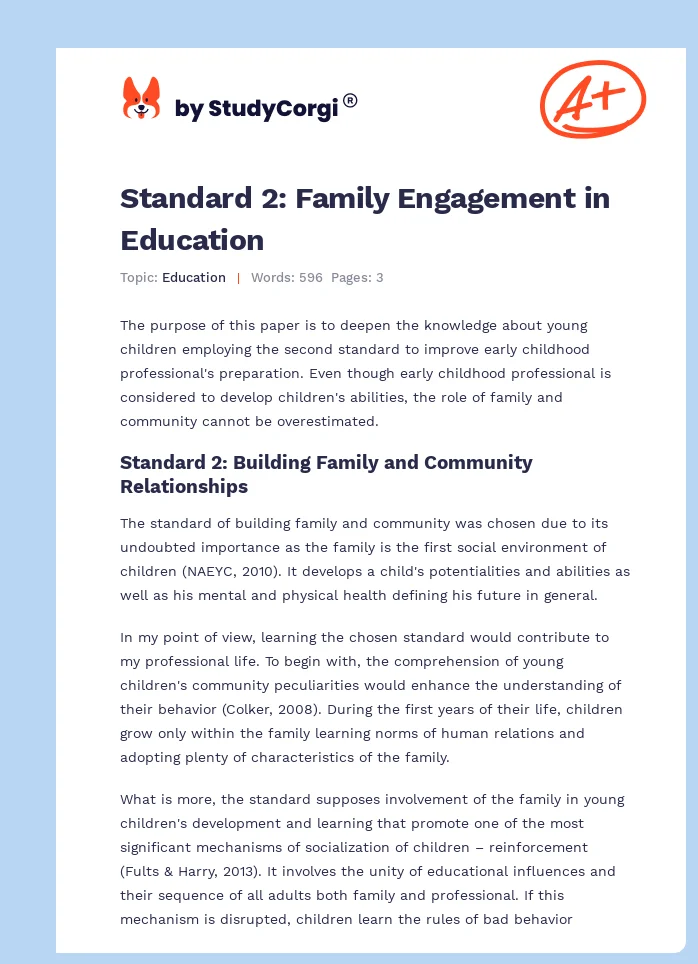 Standard 2: Family Engagement in Education. Page 1