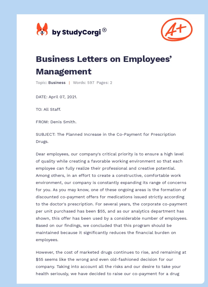 Business Letters on Employees’ Management. Page 1