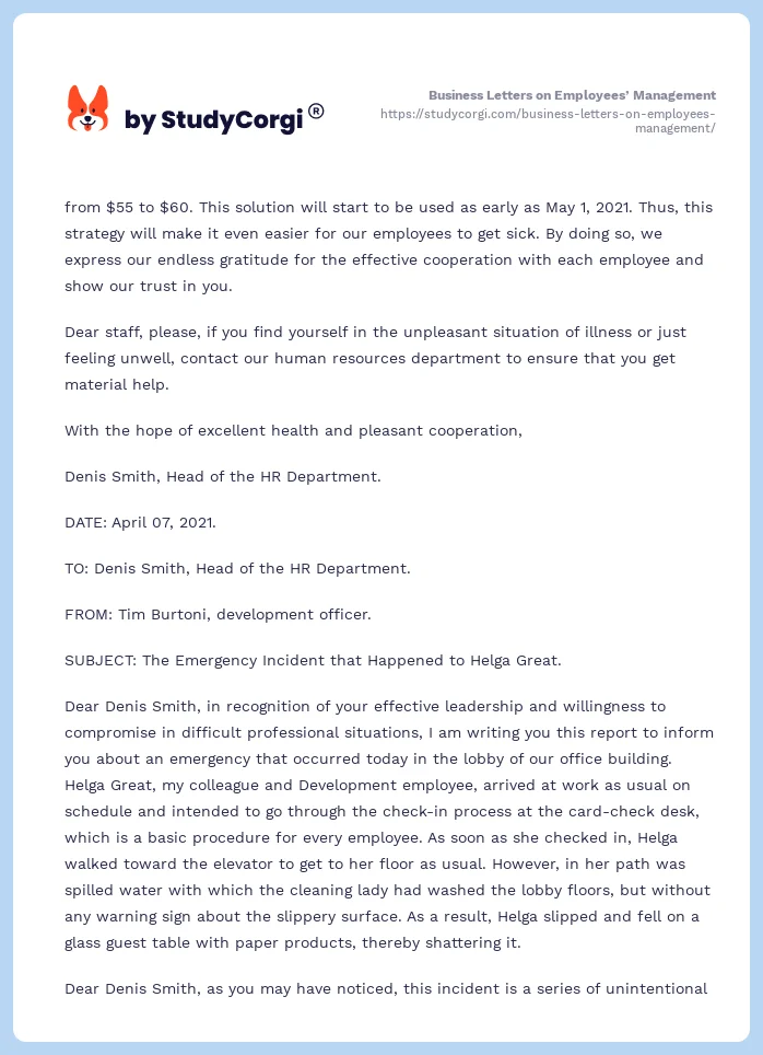 Business Letters on Employees’ Management. Page 2