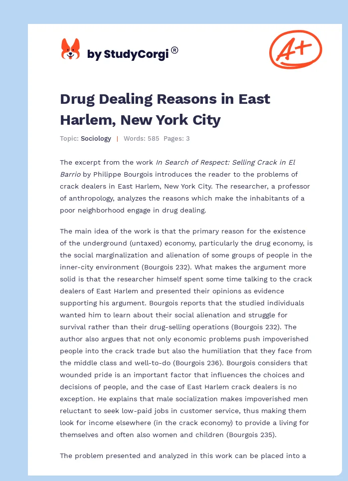 Drug Dealing Reasons in East Harlem, New York City. Page 1