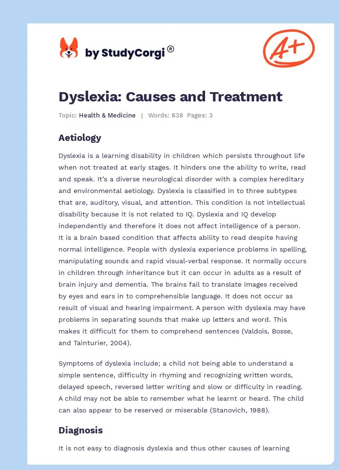 Dyslexia: Causes and Treatment. Page 1