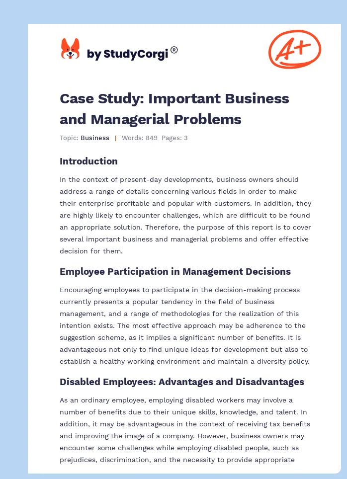 Case Study: Important Business and Managerial Problems. Page 1