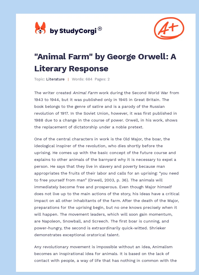 "Animal Farm" by George Orwell: A Literary Response. Page 1