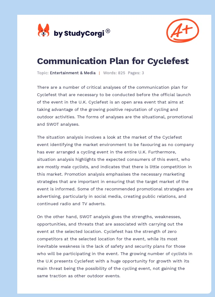 Communication Plan for Cyclefest. Page 1