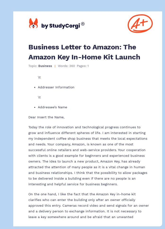 Business Letter to Amazon: The Amazon Key In-Home Kit Launch. Page 1
