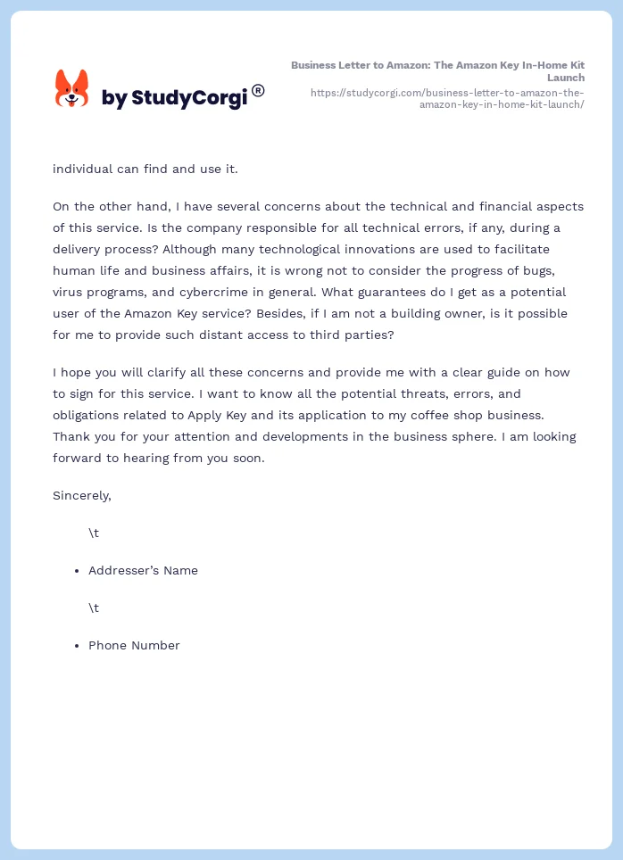 Business Letter to Amazon: The Amazon Key In-Home Kit Launch. Page 2