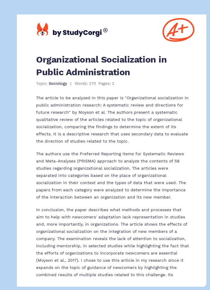 Organizational Socialization in Public Administration. Page 1