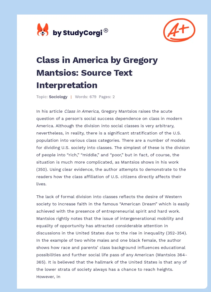 Class in America by Gregory Mantsios: Source Text Interpretation. Page 1