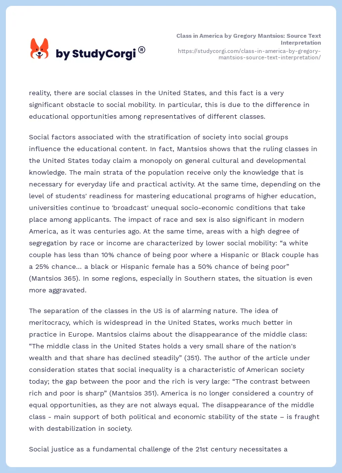 Class in America by Gregory Mantsios: Source Text Interpretation. Page 2