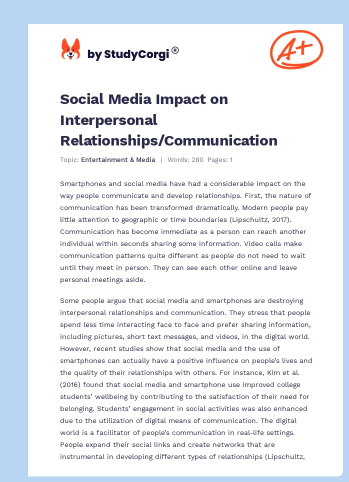 Social Media Impact on Interpersonal Relationships/Communication. Page 1