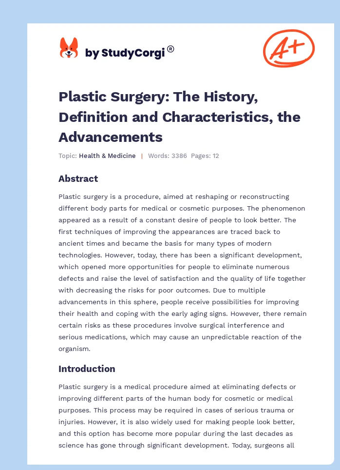 Plastic Surgery: The History, Definition and Characteristics, the Advancements. Page 1