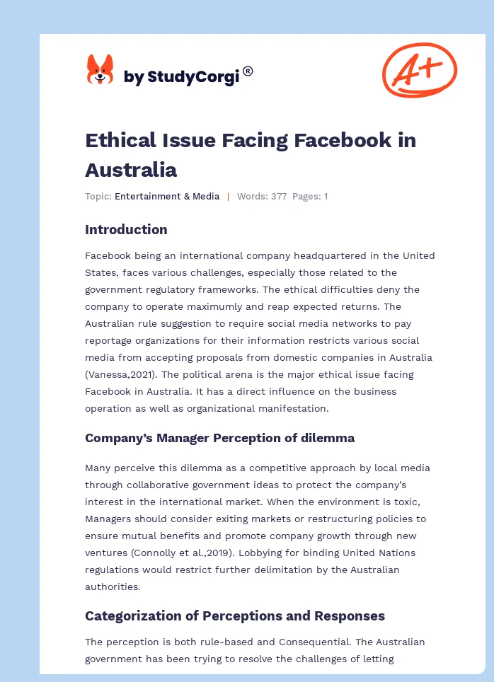 Ethical Issue Facing Facebook in Australia. Page 1