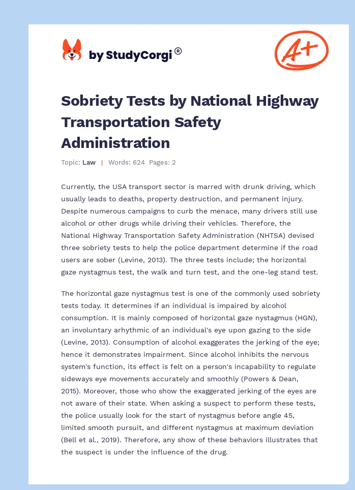 Sobriety Tests by National Highway Transportation Safety Administration. Page 1