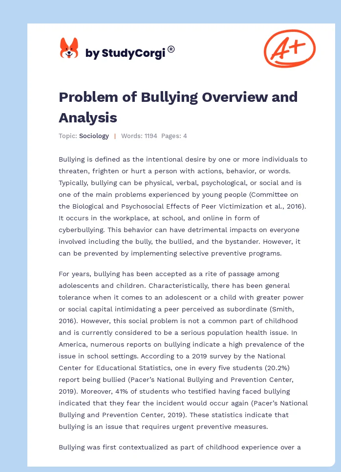 Problem of Bullying Overview and Analysis. Page 1