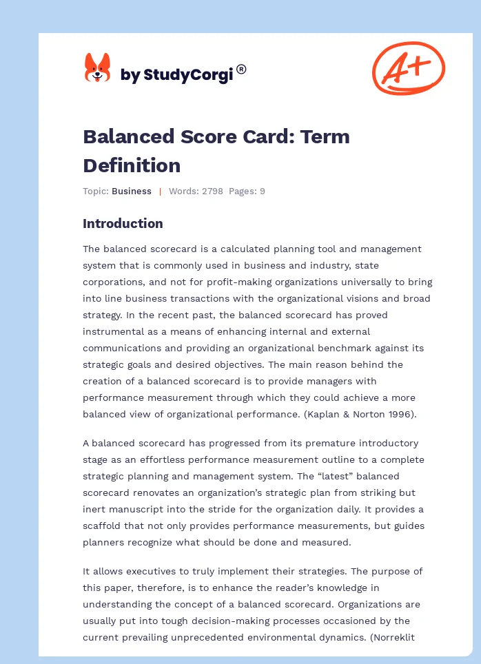 Balanced Score Card: Term Definition. Page 1