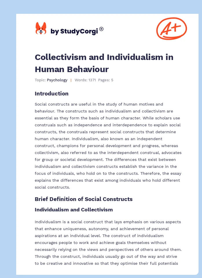 Collectivism and Individualism in Human Behaviour. Page 1