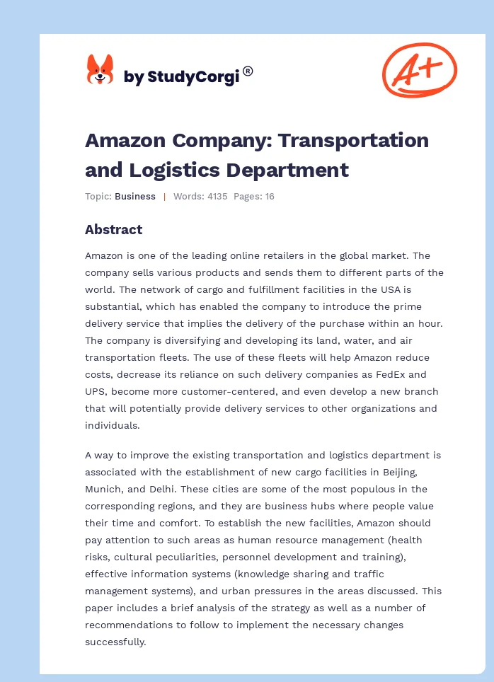 Amazon Company: Transportation and Logistics Department. Page 1