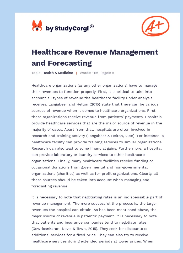 Healthcare Revenue Management and Forecasting. Page 1