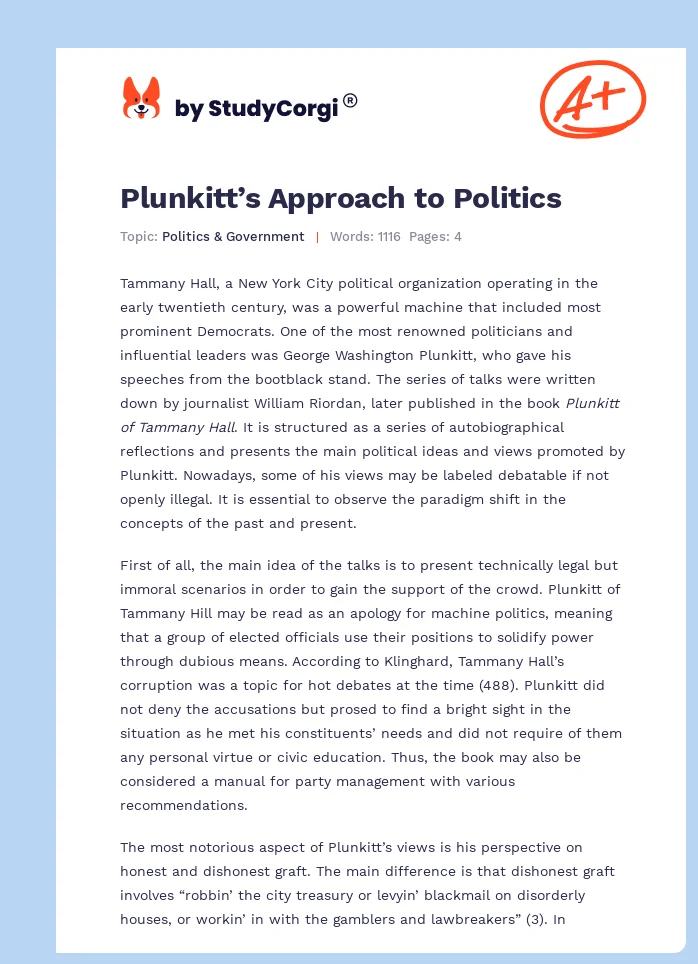 Plunkitt’s Approach to Politics. Page 1