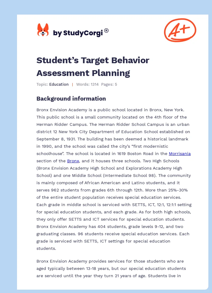 Student’s Target Behavior Assessment Planning. Page 1