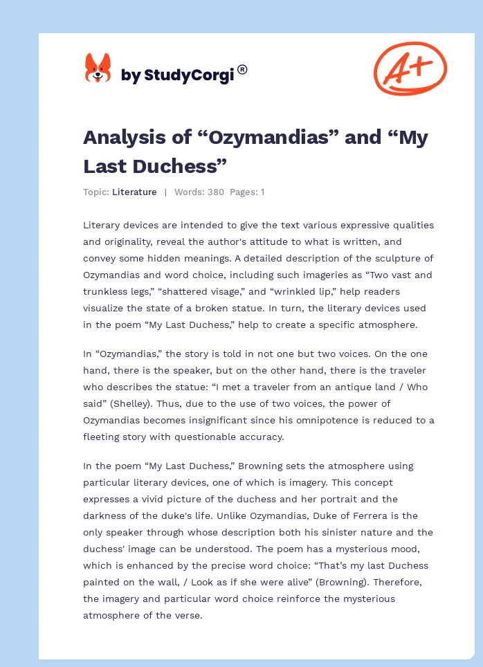 essay comparing ozymandias and my last duchess