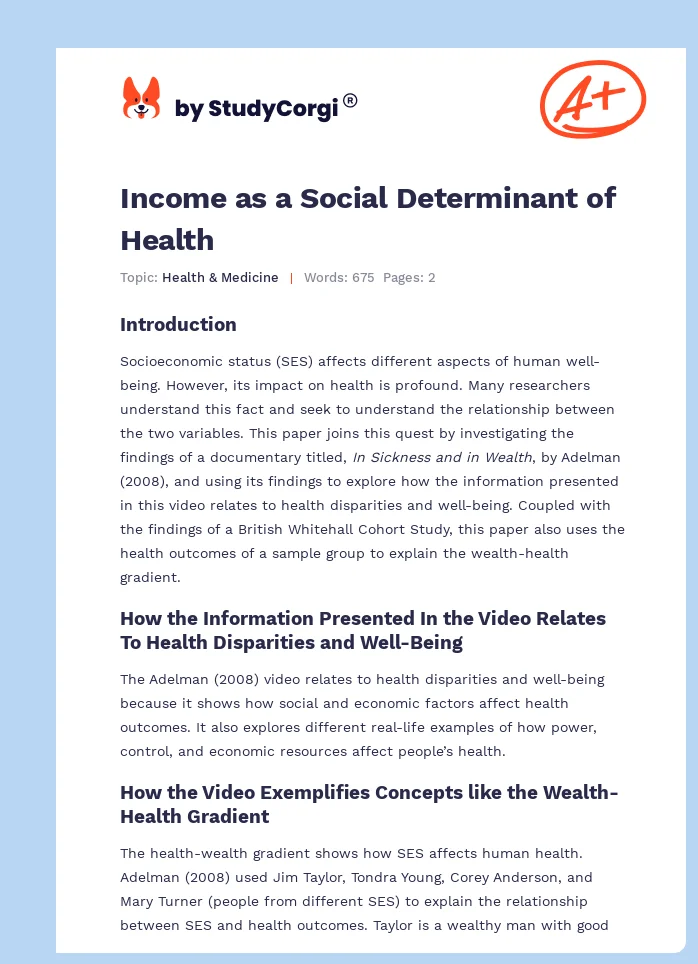 Income as a Social Determinant of Health. Page 1