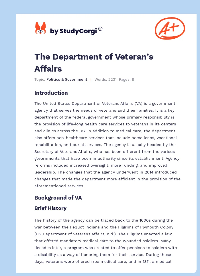 The Department of Veteran’s Affairs. Page 1