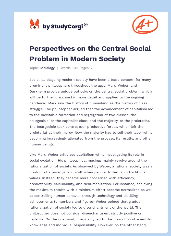 Perspectives on the Central Social Problem in Modern Society. Page 1
