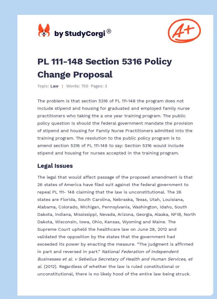 PL 111-148 Section 5316 Policy Change Proposal. Page 1