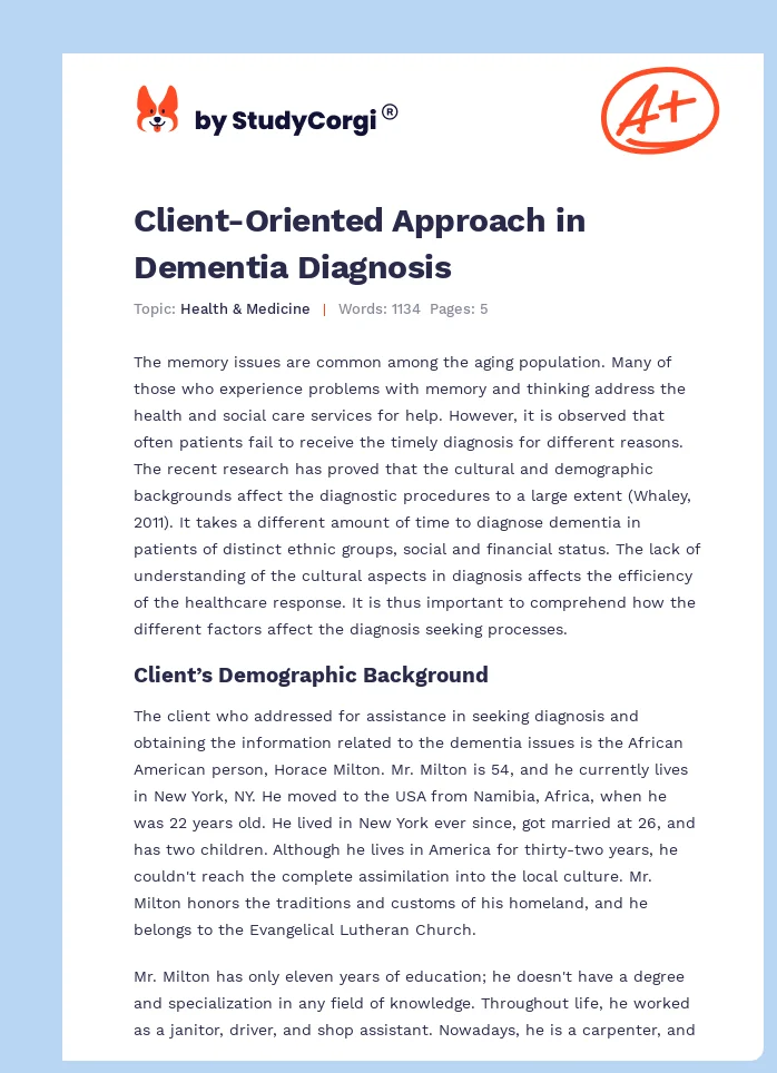 Client-Oriented Approach in Dementia Diagnosis. Page 1