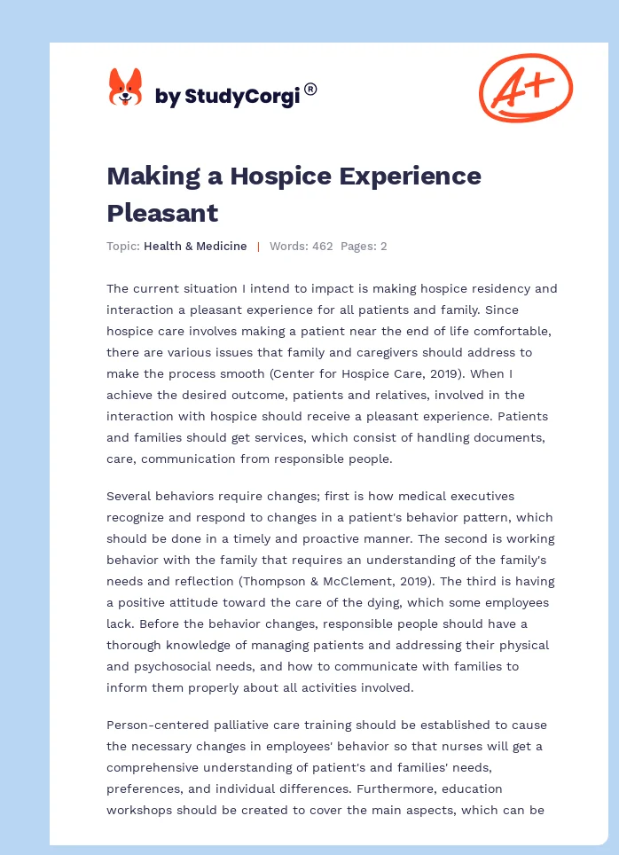 Making a Hospice Experience Pleasant. Page 1