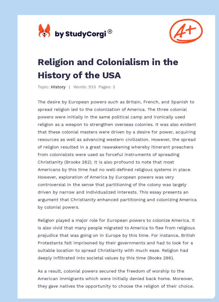 Religion and Colonialism in the History of the USA. Page 1