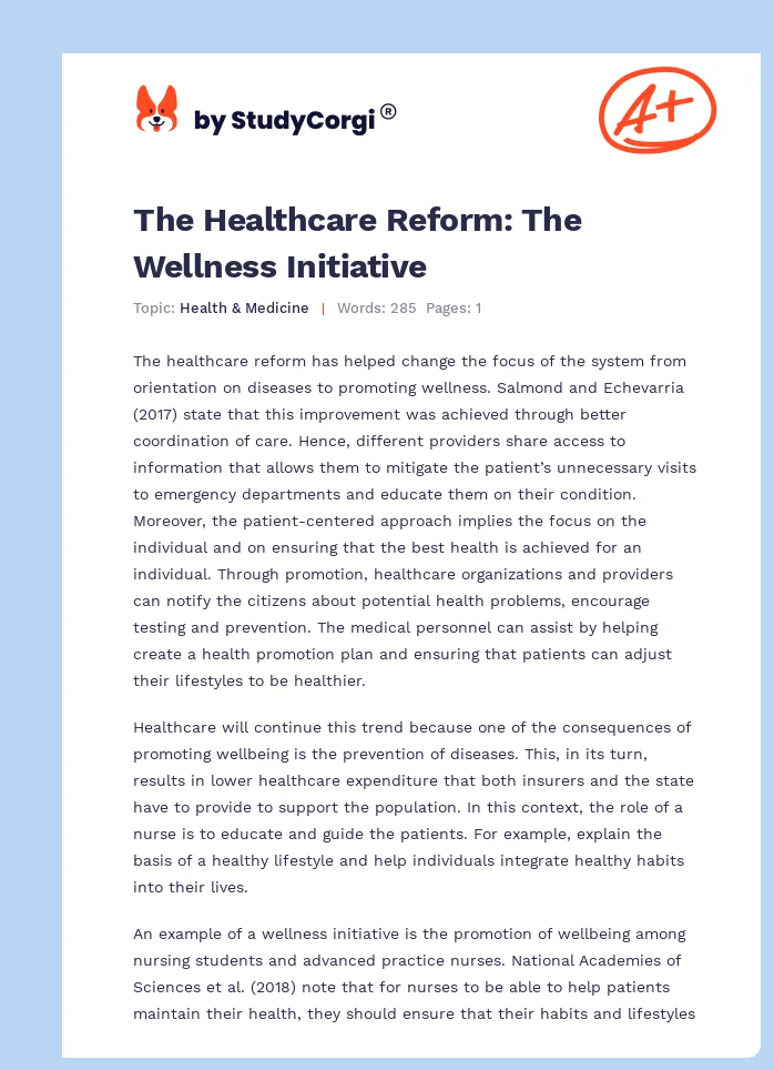 The Healthcare Reform: The Wellness Initiative. Page 1