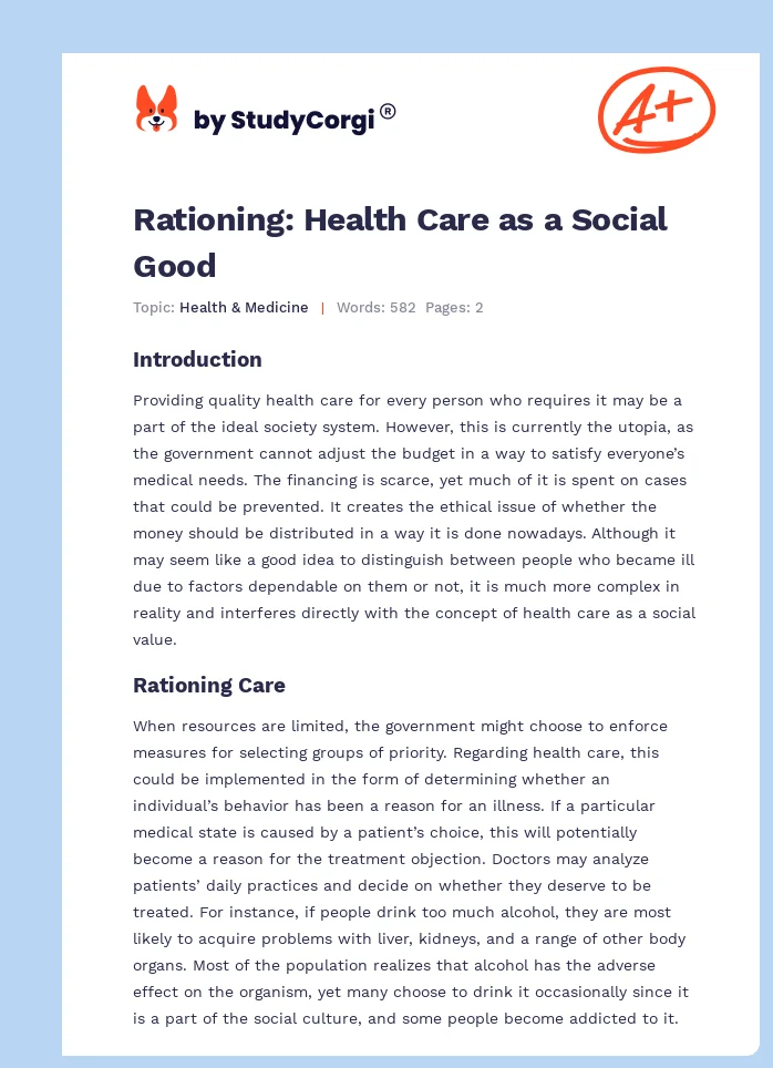 Rationing: Health Care as a Social Good. Page 1