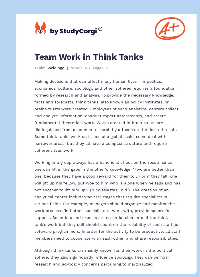 Team Work in Think Tanks. Page 1