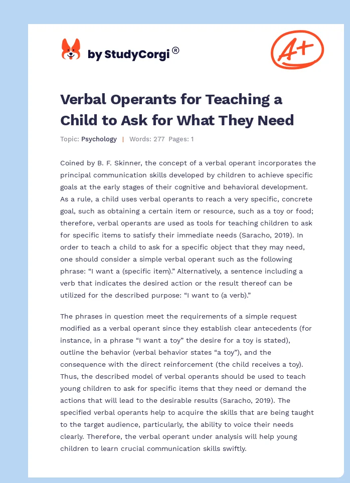 Verbal Operants for Teaching a Child to Ask for What They Need. Page 1