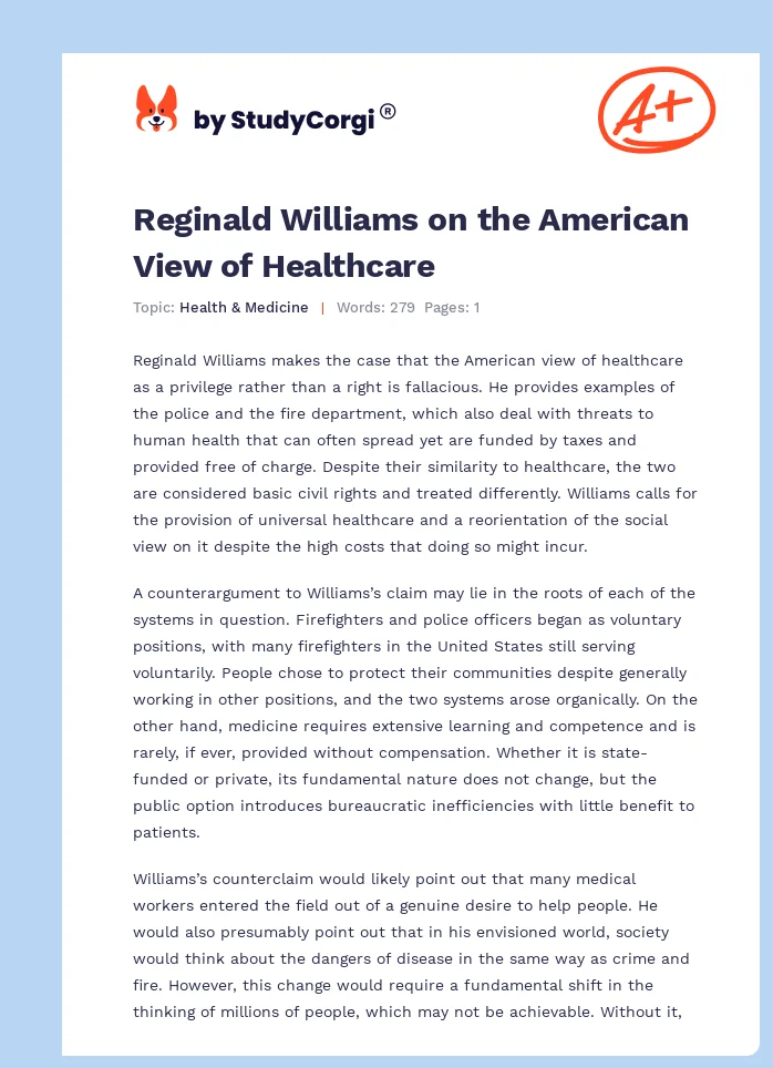 Reginald Williams on the American View of Healthcare. Page 1