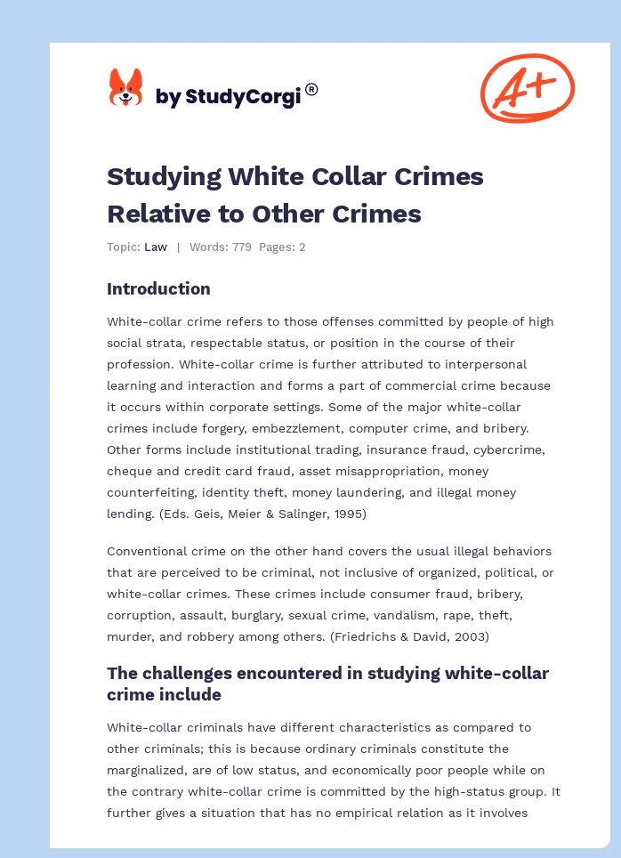 Studying White Collar Crimes Relative to Other Crimes. Page 1