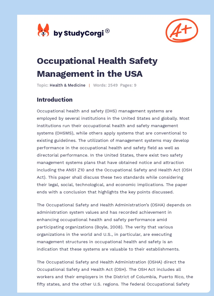 Occupational Health Safety Management in the USA. Page 1